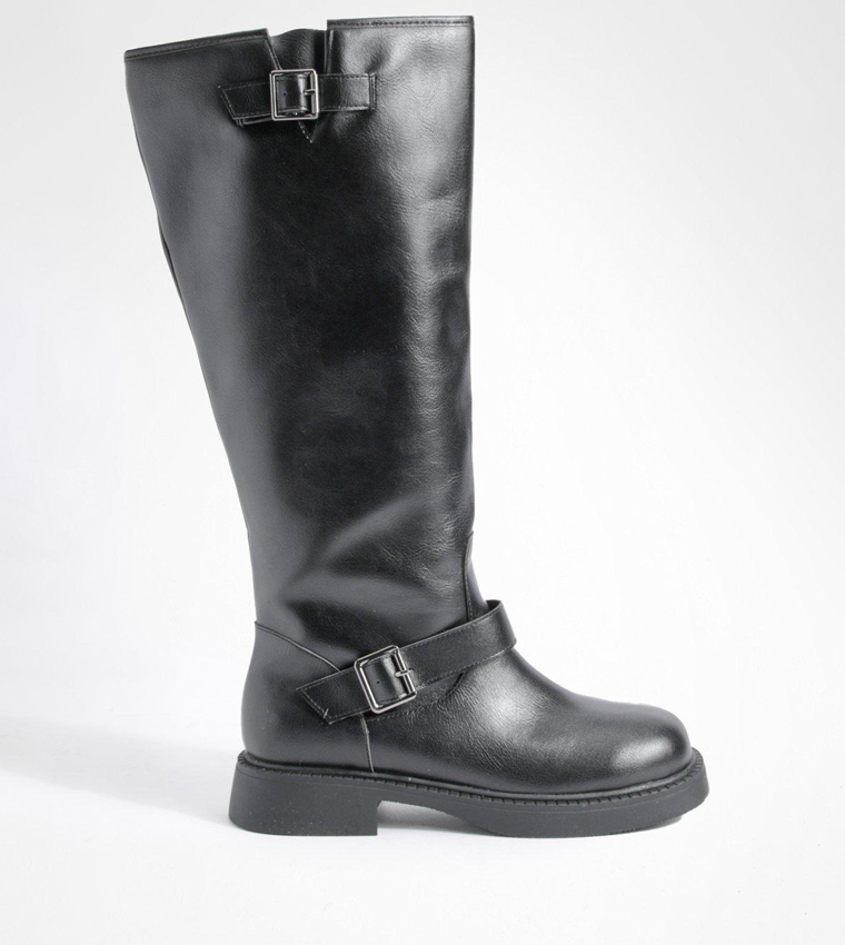 Buy Boohoo Wide Fit Double Buckle Chunky Knee High Biker Boots In Black 6thStreet Bahrain