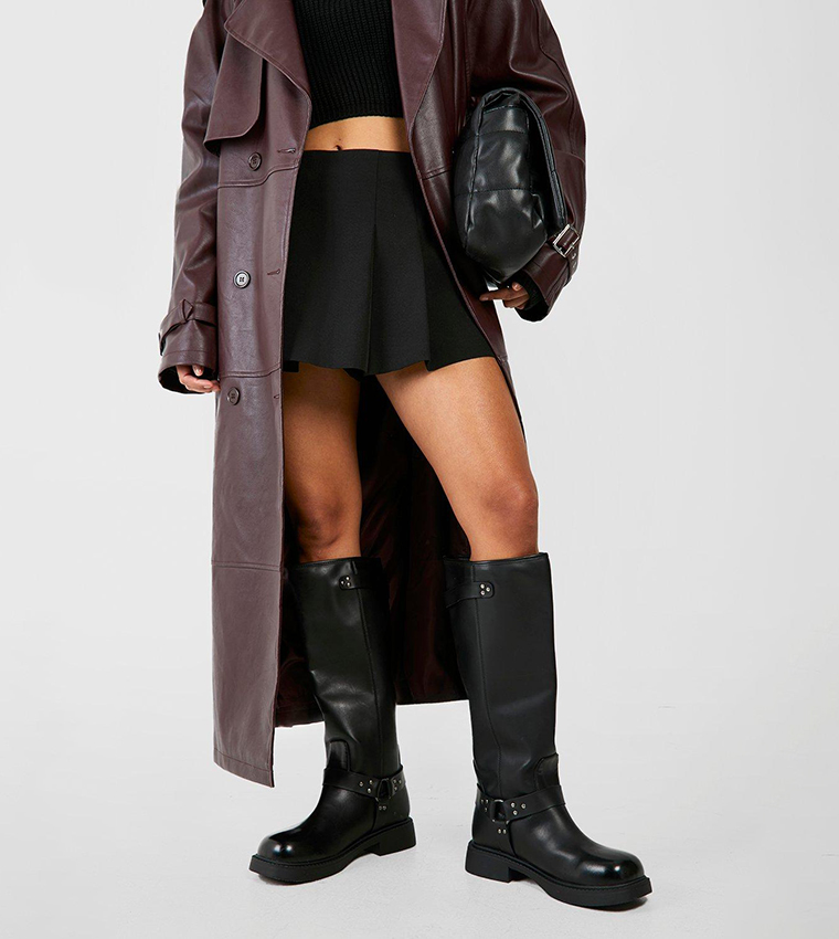 Harness Pull On Buckle Detail Square Toe Biker Boots