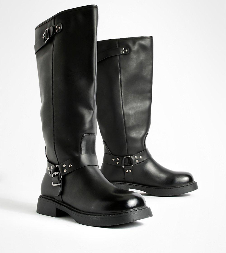 Harness Pull On Buckle Detail Square Toe Biker Boots