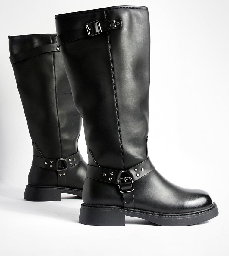 Harness Pull On Buckle Detail Square Toe Biker Boots