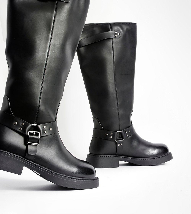 Harness Pull On Buckle Detail Square Toe Biker Boots
