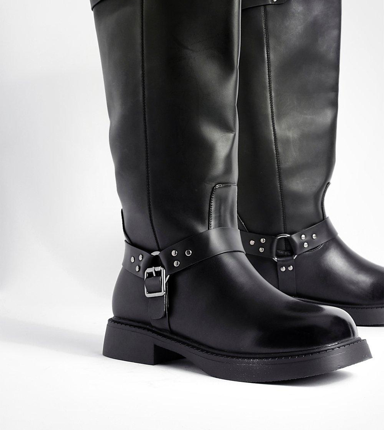 Harness Pull On Buckle Detail Square Toe Biker Boots