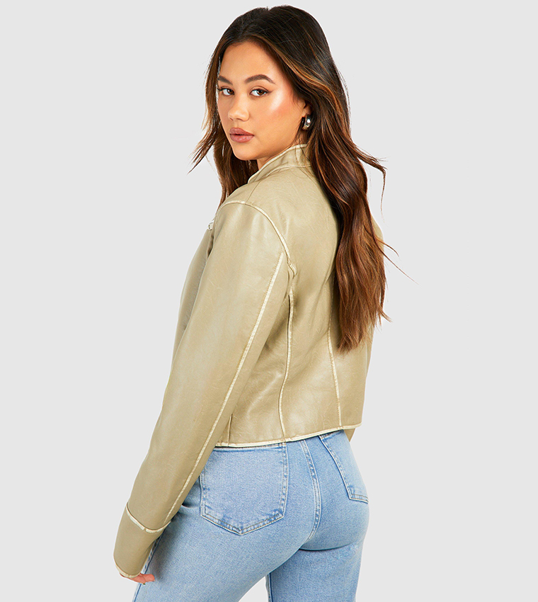 Buy Boohoo Fitted Moto Vintage Look Faux Leather Jacket In Khaki 6thStreet Bahrain