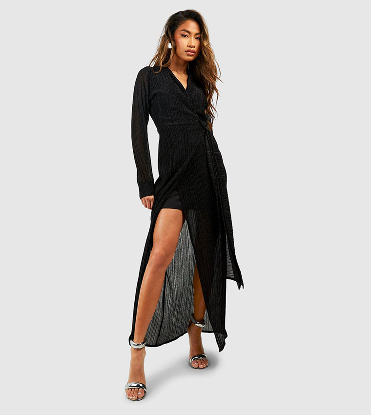 Black Plisse Split Leg Maxi Dress, Dresses