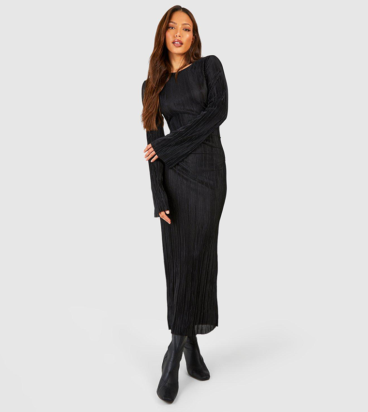 Buy Boohoo Tall Plisse Column Flared Cuff Midaxi Shift Dress In Black