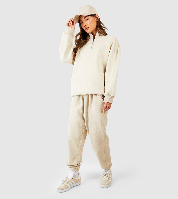 Buy Boohoo Overdyed Oversized Half Zip Sweatsuit Set In Beige