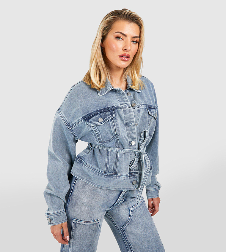 Cropped denim trucker store jacket