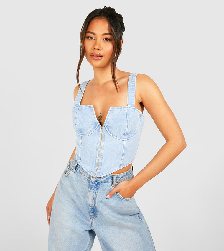 Zip Up Denim Corset Top