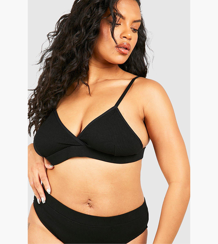 Boohoo Plus Rib Seamless Triangle Bra in Black