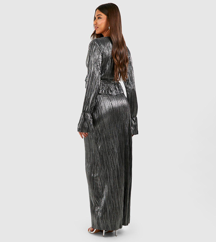boohoo sequin ruffle maxi dress Black Abstract Crinkle Chiffon Ruffle Maxi Dress
