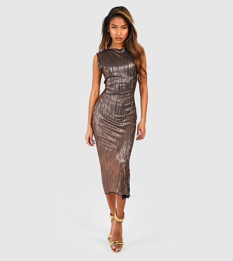 slim fit dress slacks Midnight Fizz Metallic Plisse V Neck Maxi Dress – VICI main image 0
