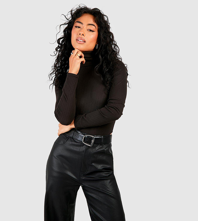 Roll Neck Ribbed Knit Bodysuit Top