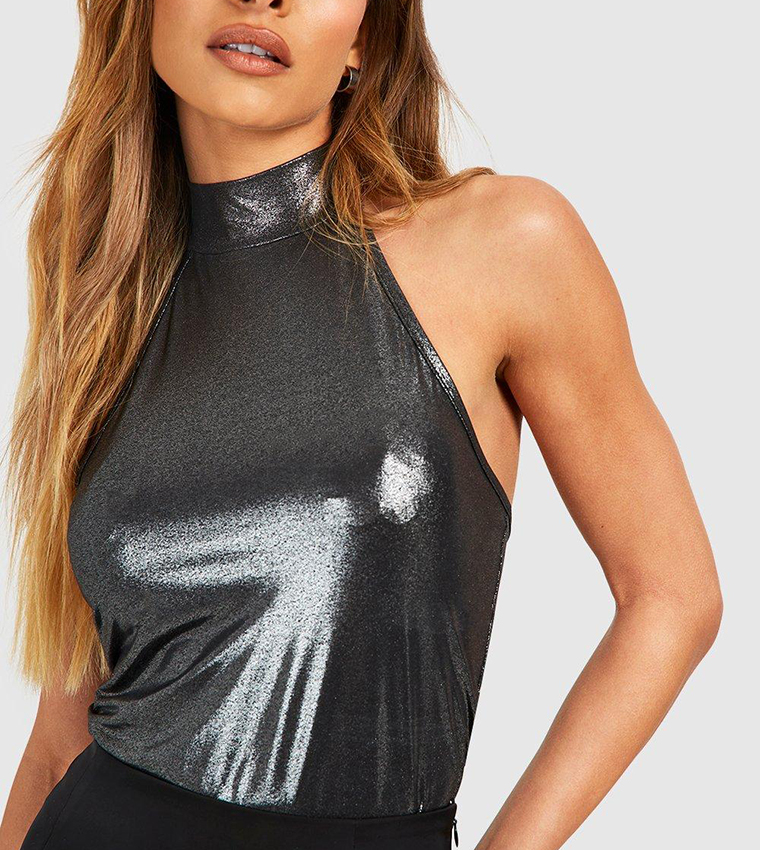 High neck outlet metallic top