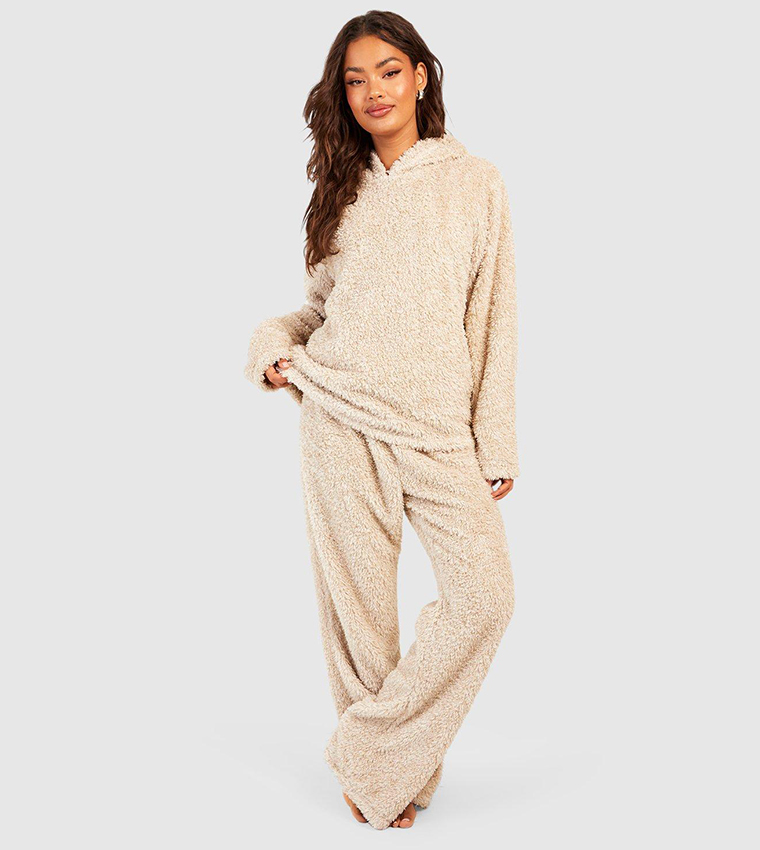 Buy Boohoo Flecked Fleece Hoodie Pajama Set In Beige