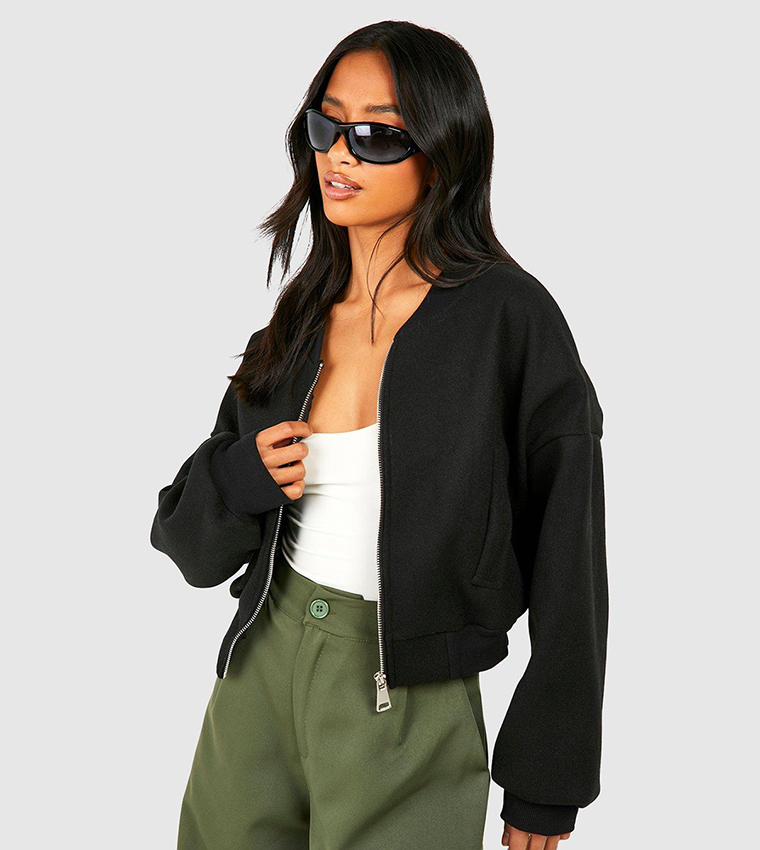 Buy Boohoo Petite Wool Look Crop Bomber Jacket In Black