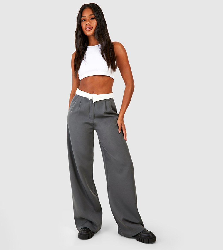 Buy Boohoo Contrast Waistband Wide Leg Trousers In Grey