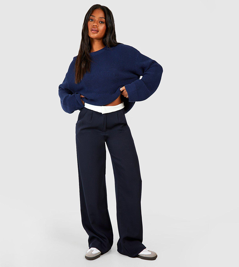 Buy Boohoo Contrast Waistband Wide Leg Trousers In Navy
