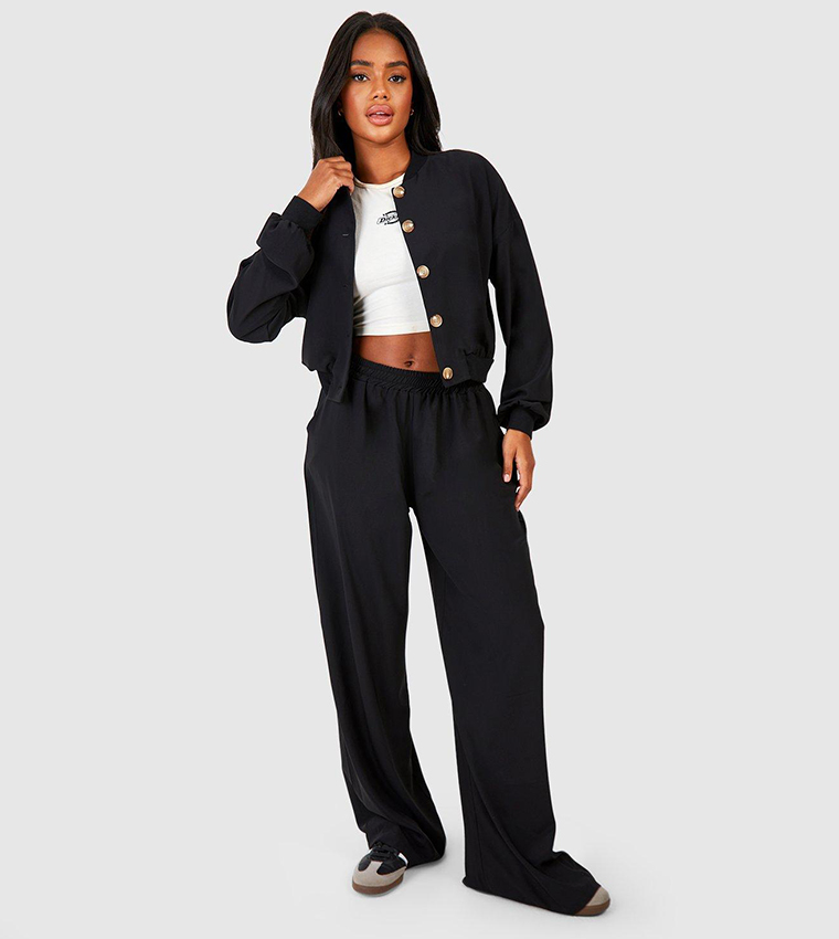 High Waisted Woven Wide Leg Trousers
