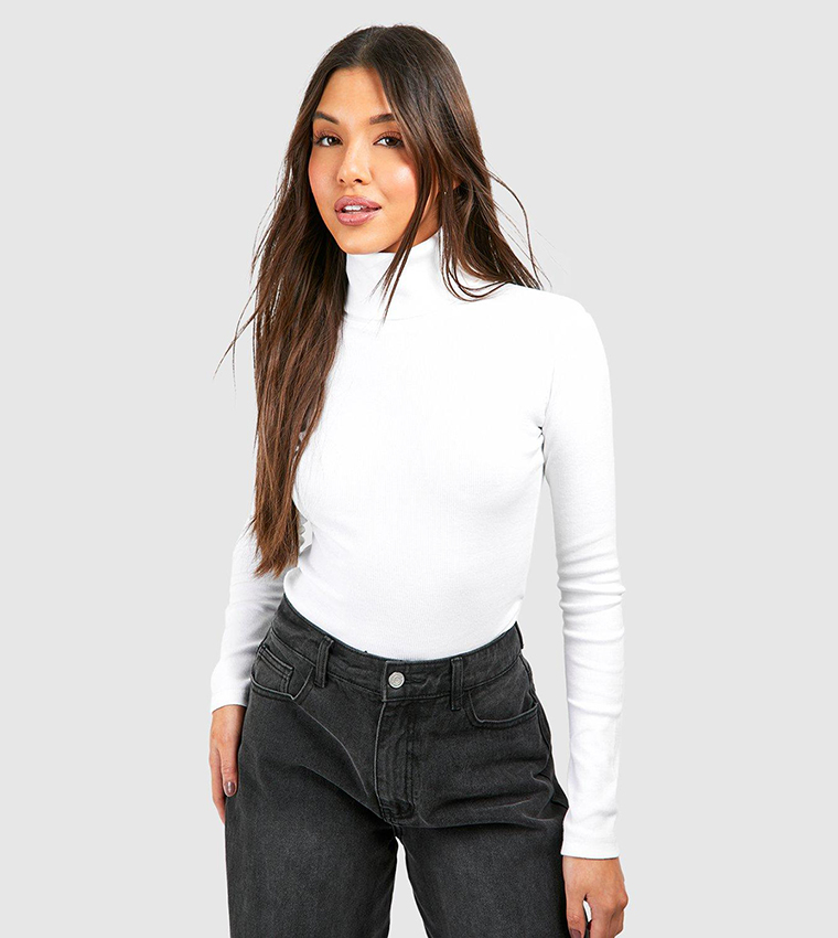 Buy Boohoo Basic Rib Roll Neck Long Sleeves Top In White