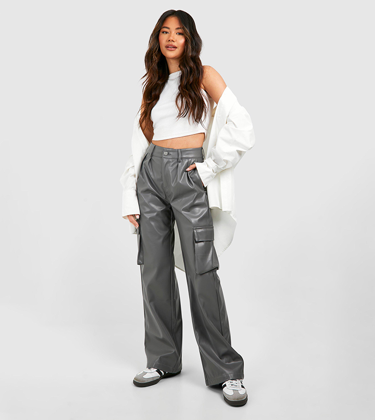 Buy Boohoo Faux Leather Pocket Detail Cargo Straight Trousers In