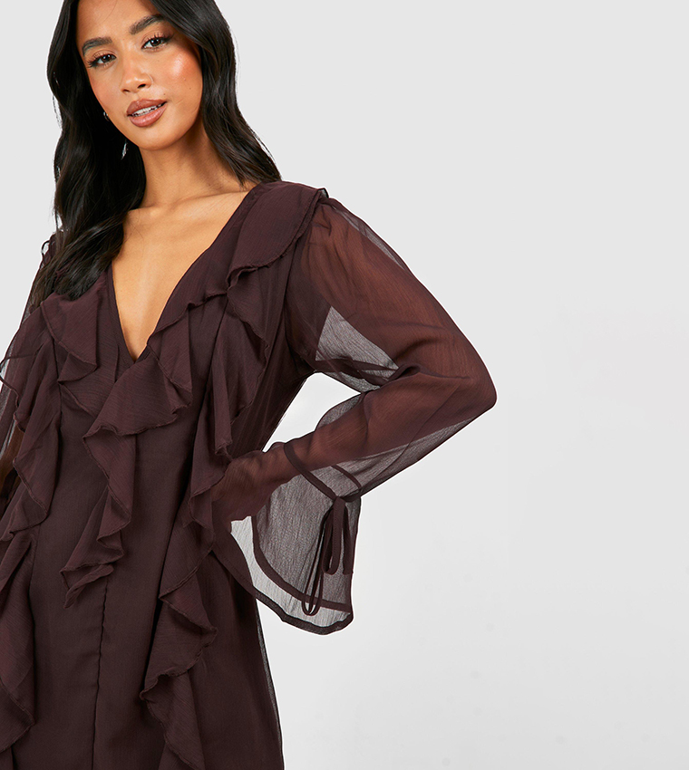 Buy Boohoo Petite Chiffon Frill Mini Dress In Brown