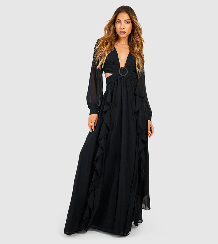 boohoo chiffon ruffle plunge maxi dress boohoo Women's Plus Floral Plunge Ruffle Detail Chiffon Maxi Dress in Ivory