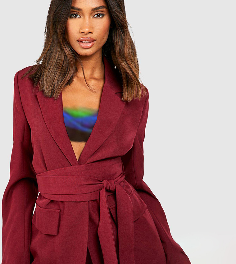 Buy Boohoo Obi Tie Waist Tailored Blazer In Red