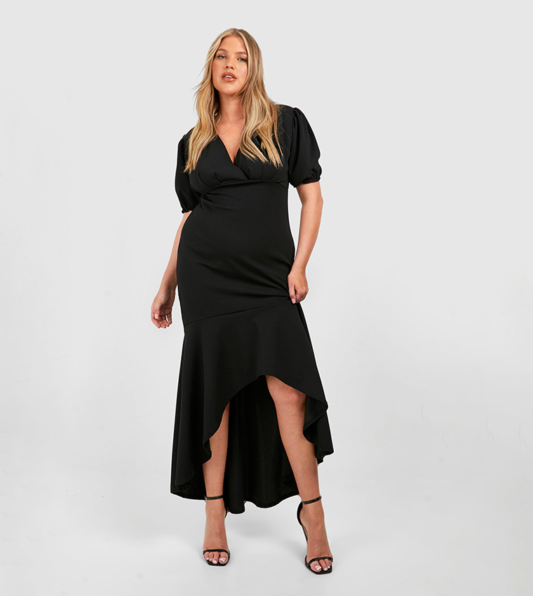 Buy Boohoo Plus Puff Sleeves Fishtail Maxi Dress In Black | 6thStreet Kuwait
