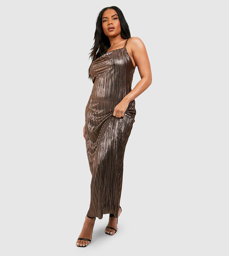 Buy Boohoo Plisse Strappy Midaxi Dress In Gold | 6thstreet Oman