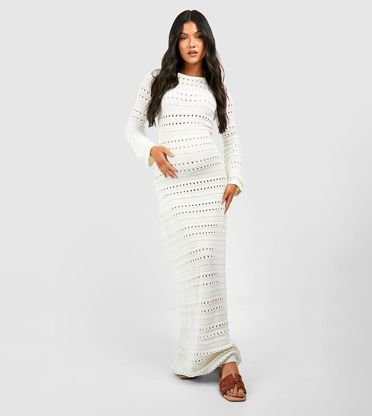 Buy Boohoo Maternity Crochet Flare Sleeves Tie Back Knitted Maxi