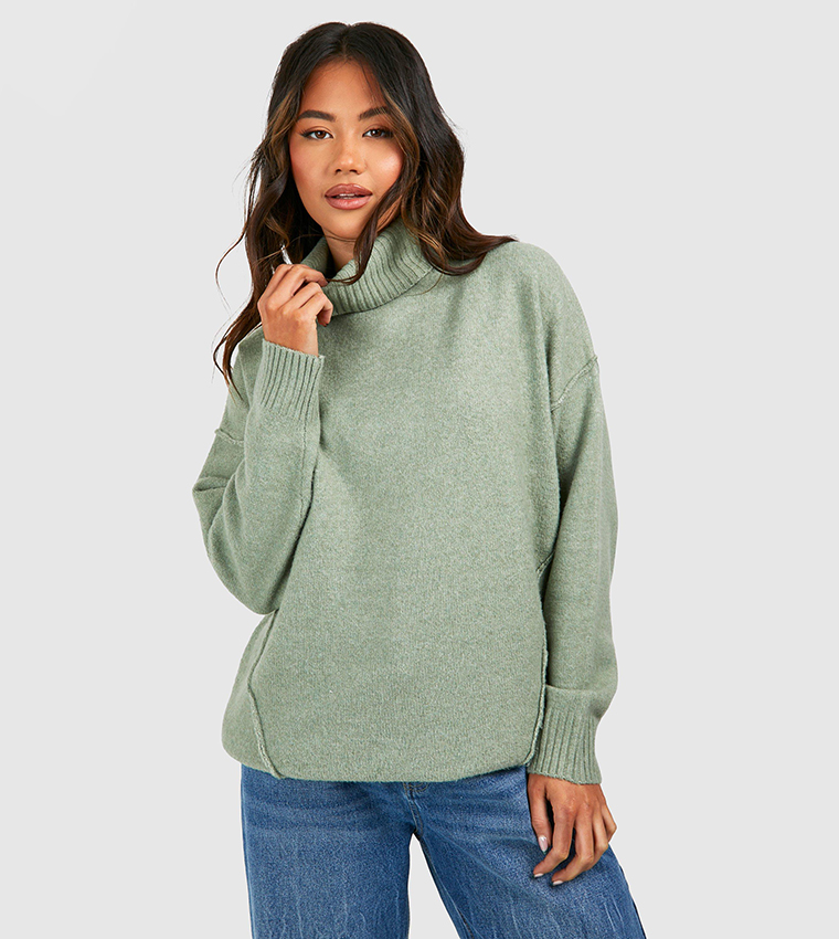 Buy Boohoo Knitted Turtle Neck Oversized Longline Jumper In Khaki 6thStreet Qatar