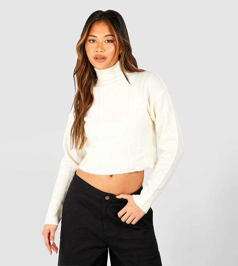 Buy Boohoo Ribbed Turtleneck Crop Sweater In White 6thStreet