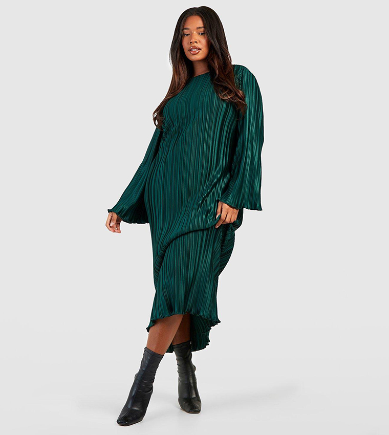 boohoo green plisse dress Green Tropical Plisse Puff Sleeve Midi Dress