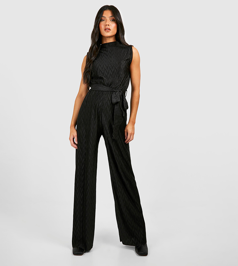 Buy Boohoo Maternity Wave Plisse Belted Wide Leg Jumpsuit In Black