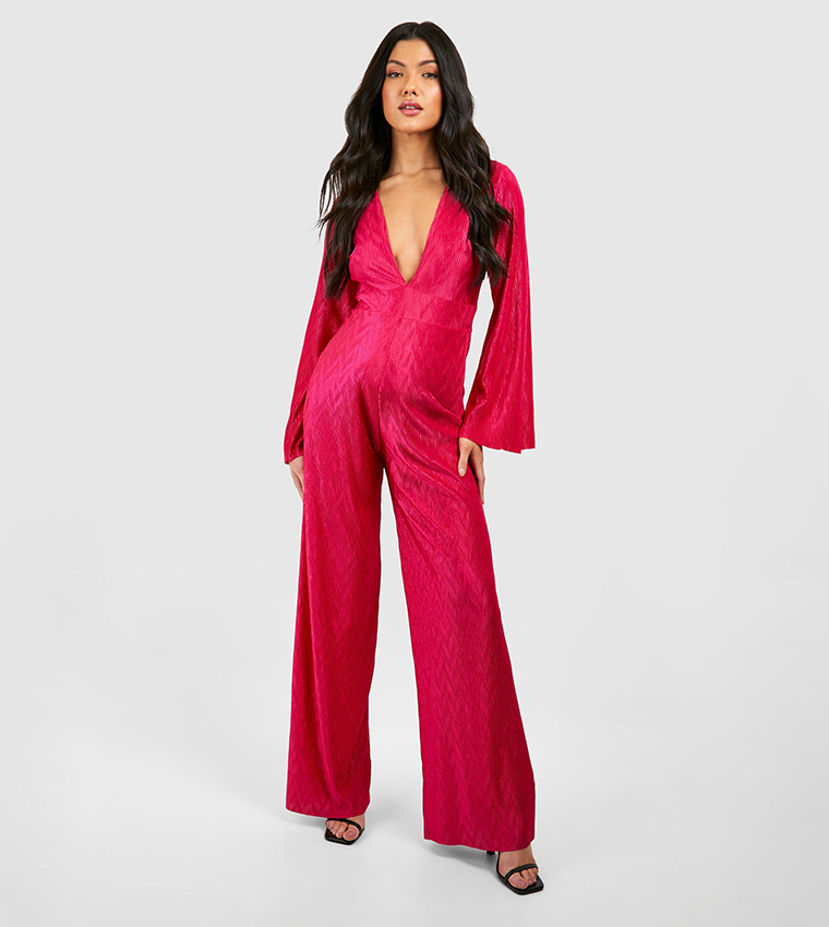 Buy Boohoo Wave Plisse V Neck Wide Leg Maternity Jumpsuit In