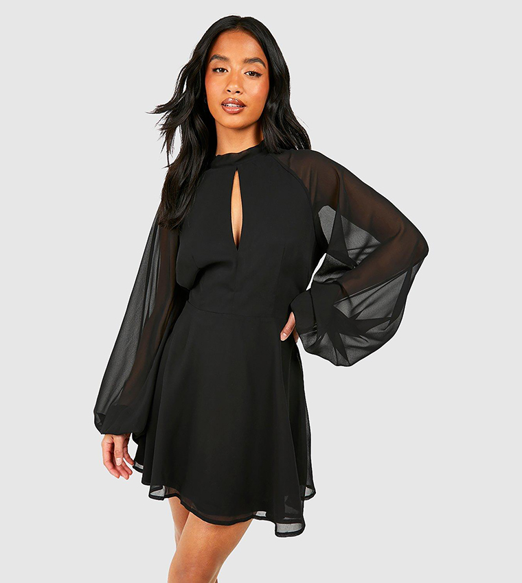Buy Boohoo Petite High Neck Volume Sleeves Skater Dress In Black