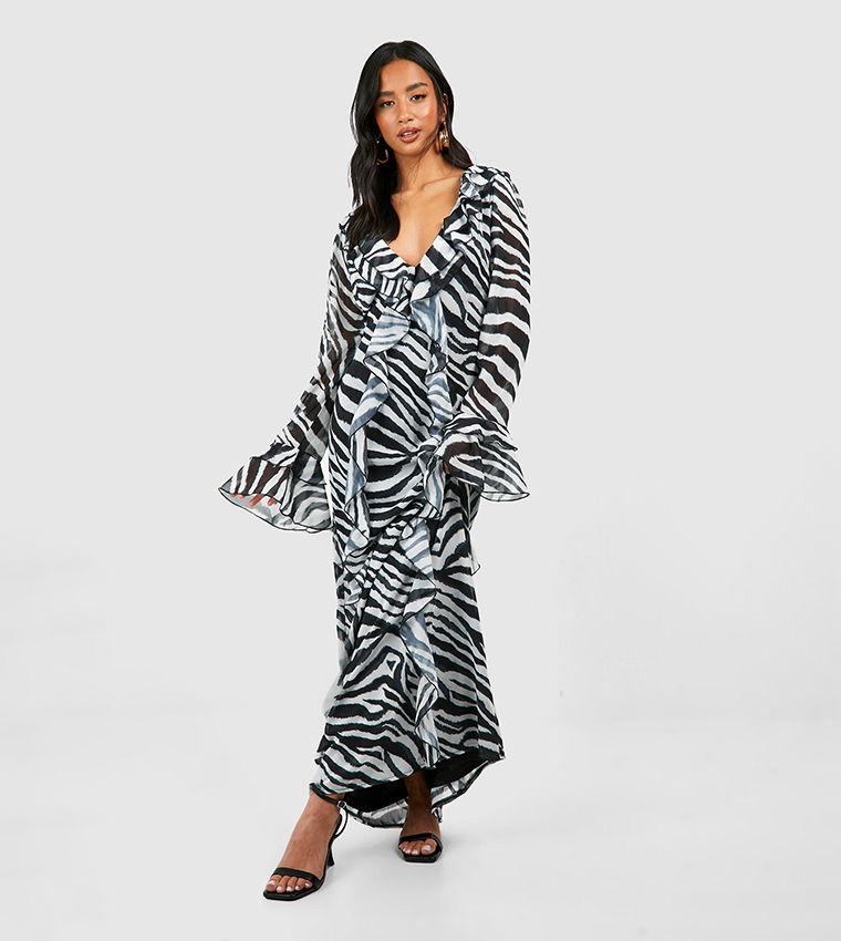 Buy Boohoo Petite Plunge Neck Ruffled Sleeves Woven Maxi Dress In