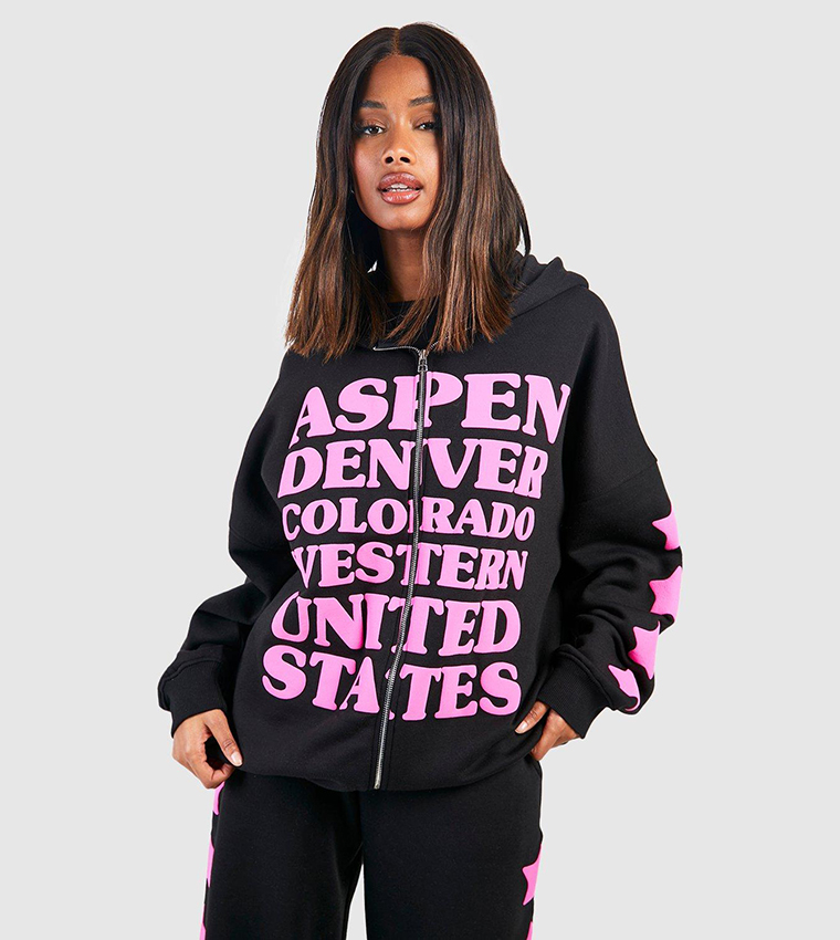 Buy Boohoo City Slogan Puff Print Oversized Zip Through Hoodie In Black 6thStreet UAE