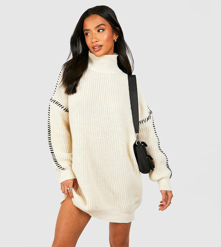 Buy Boohoo Petite Contrast Stitch Jumper Dress In White