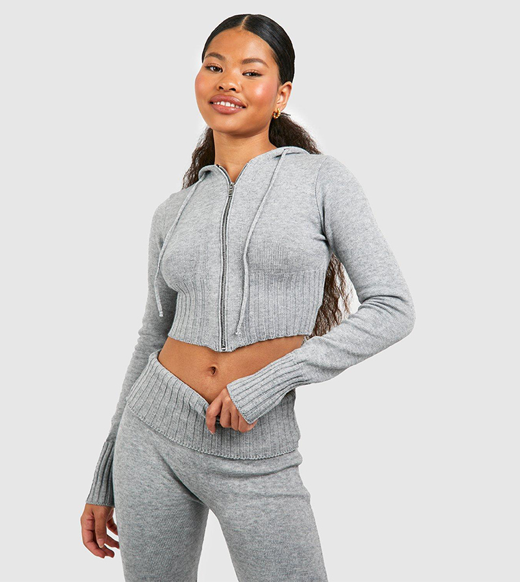 Buy Boohoo Petite Knitted Cropped Zip Through Hoodie In Grey