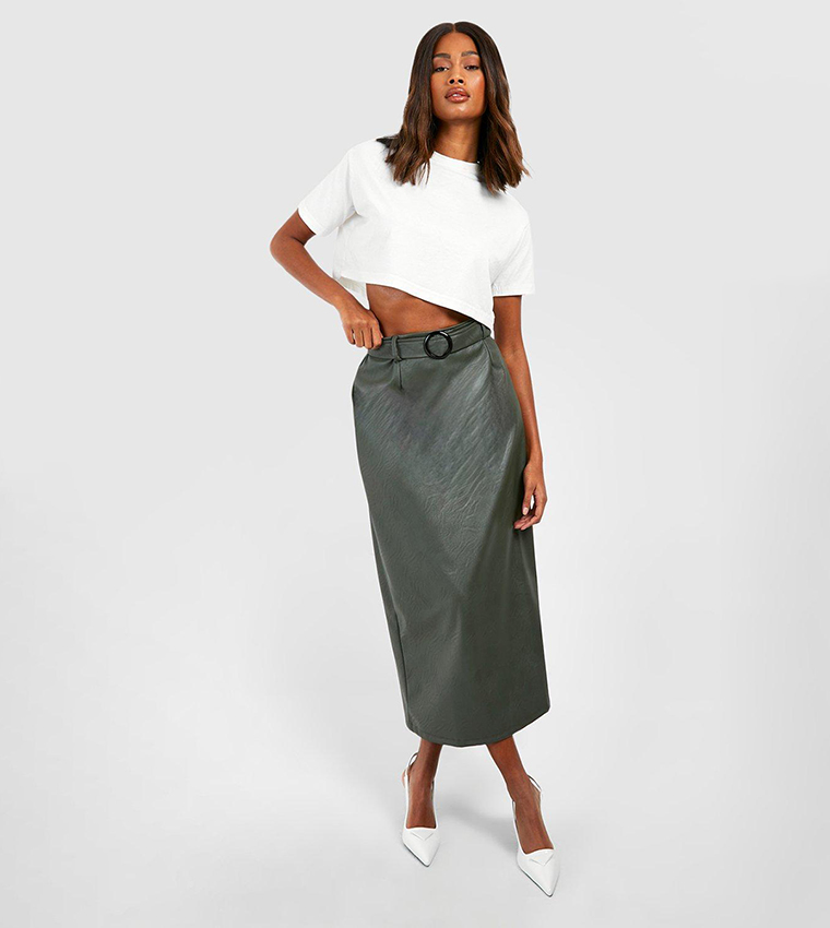 Buy Boohoo Belted Pu Midaxi Skirt In Khaki 6thStreet Bahrain