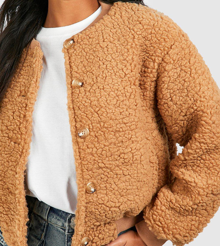 Camel teddy fur bomber cheap jacket