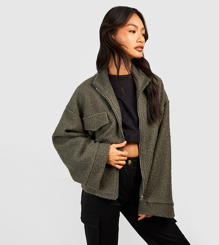 Buy Boohoo Funnel Neck Wool Look Zip Detail Jacket In Sage 6thStreet Kuwait