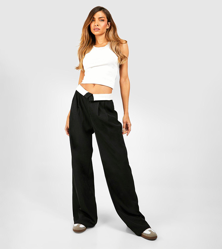 Buy Boohoo Contrast Waistband Detail Straight Leg Trousers In Black