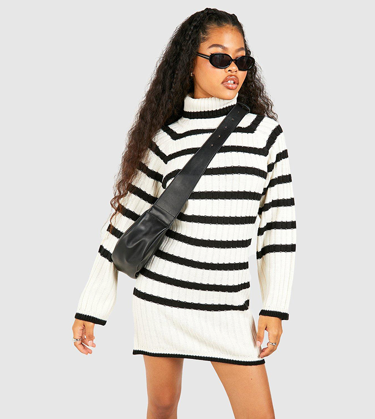 Buy Boohoo Petite Roll Neck Wide Sleeves Stripe Jumper Dress In - Main Image