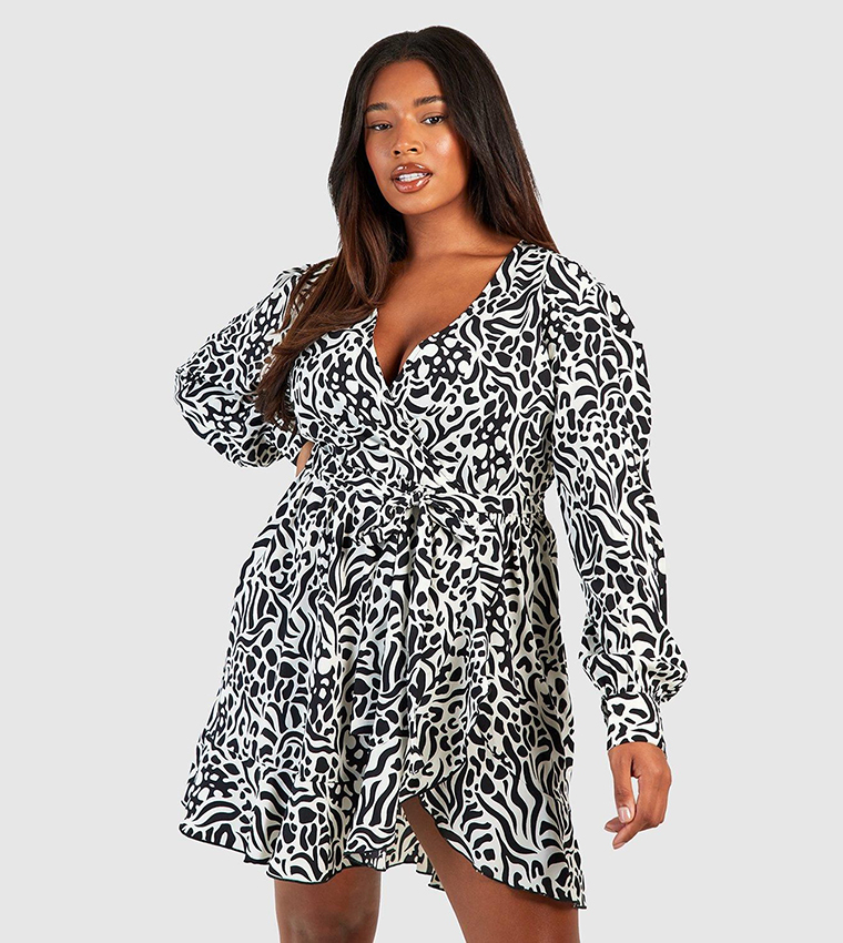 Curve Zebra Printed Wrap Ruffle Skater Dress