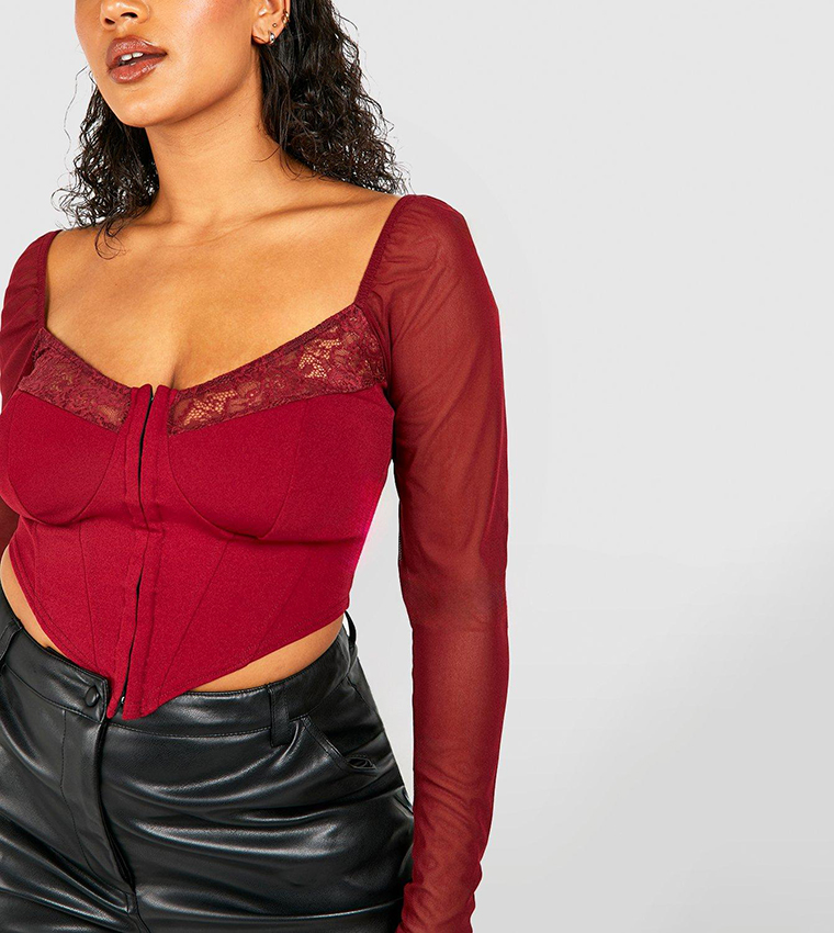 Buy Boohoo Mesh And Lace Hook And Eye Corset Top In Red