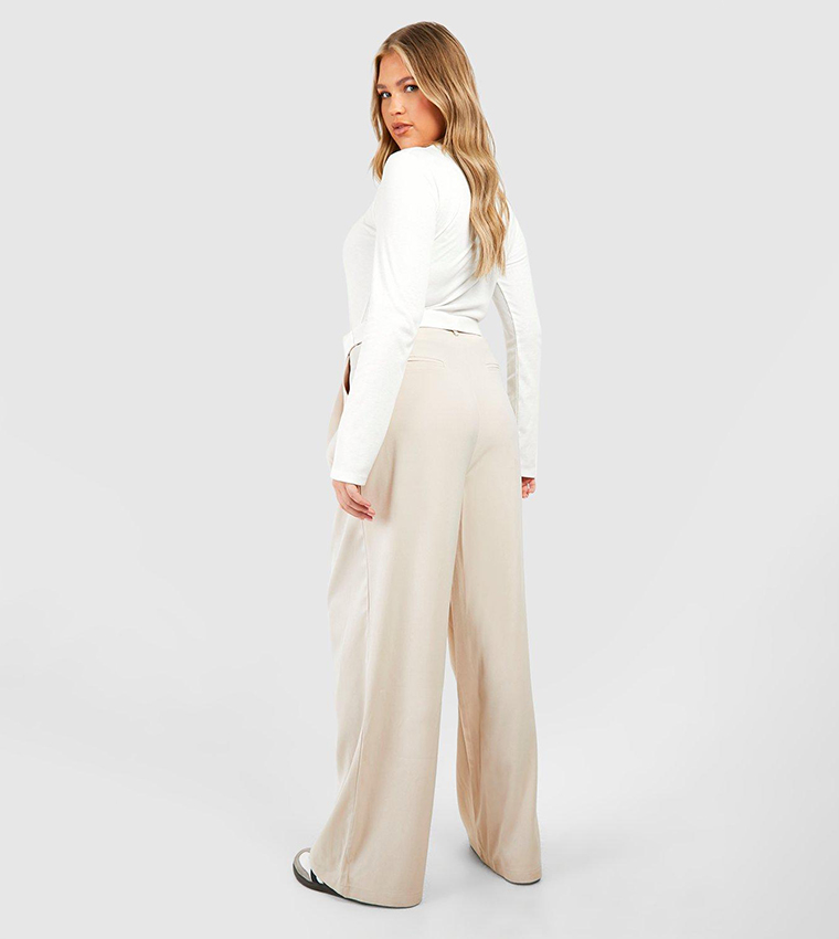 Buy Boohoo Plus Contrast Waistband Detail Straight Leg Trousers In Beige