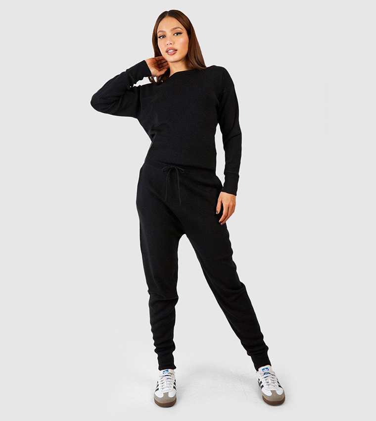 Buy Boohoo Knitted Slash Neck Sweater Jogger Lounge Set In Black