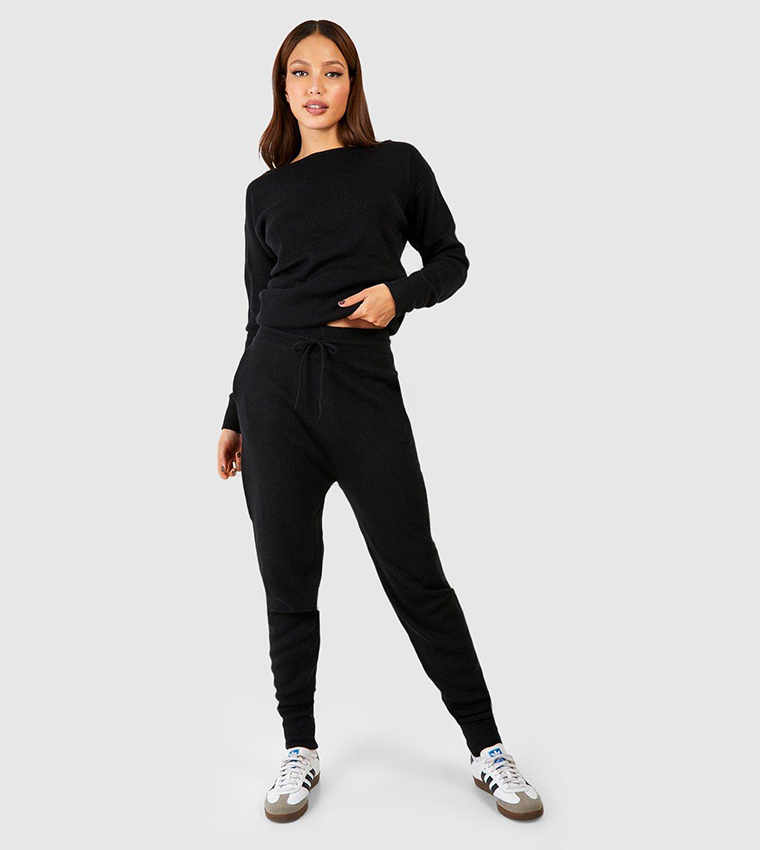 Buy Boohoo Knitted Slash Neck Sweater & Jogger Set In Black